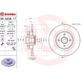 Kjøp Bremseskive av BREMBO 08.A238.17 til den lave prisen 818,04 NOK